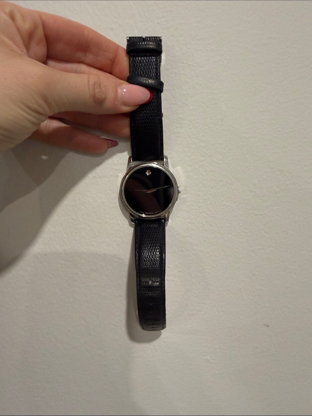Movado Black Dial Silver Case Women's Leather Strap Watch